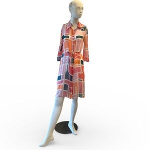 Diane Von Furstenberg Colorful Geometric Print Sheer Silk Shirtdress Size 4